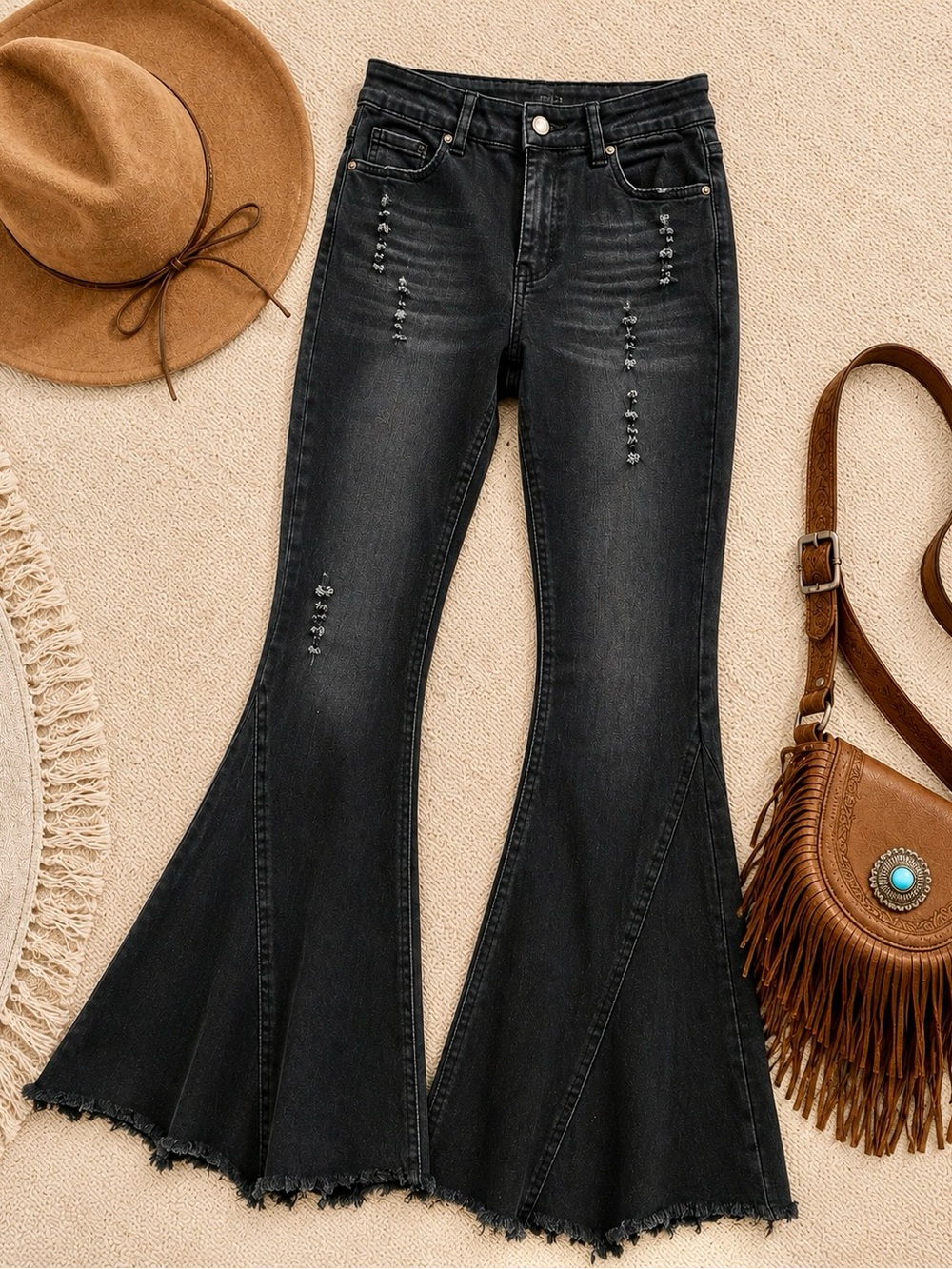 Black Bell Jeans with Distressed Detail